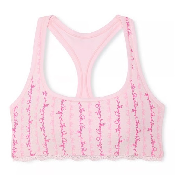PINK x LoveShackFancy Cotton Racerback Bralette Pink Logo Floral Lace Trim - Picture 7 of 7